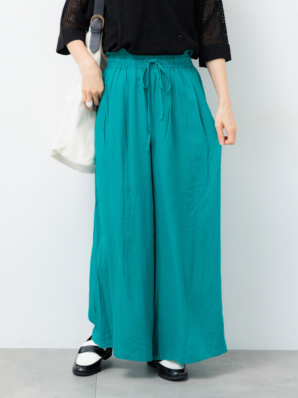 セール】 麻レーヨンワイドイージーパンツ（ブラック/ベージュ