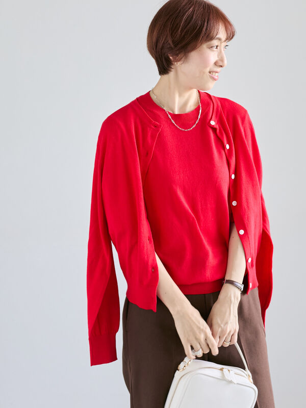 セール】 コットンクルーネックカーディガン（オフホワイト/ブラック