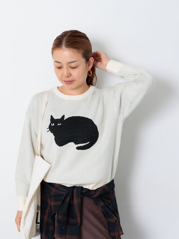 Shamrock ★ Cat　オーダー セール】 猫モチーフジャカードニット（オフホワイト/ブラック