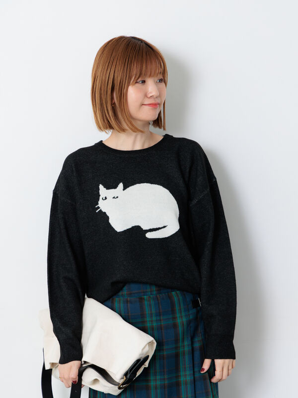 猫モチーフジャカードニット（オフホワイト/ブラック/ベージュ