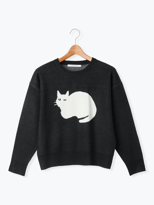 猫モチーフジャカードニット（オフホワイト/ブラック/ベージュ