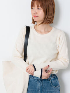 配色クルーネックリブニット（オフホワイト/グレー/ブラック