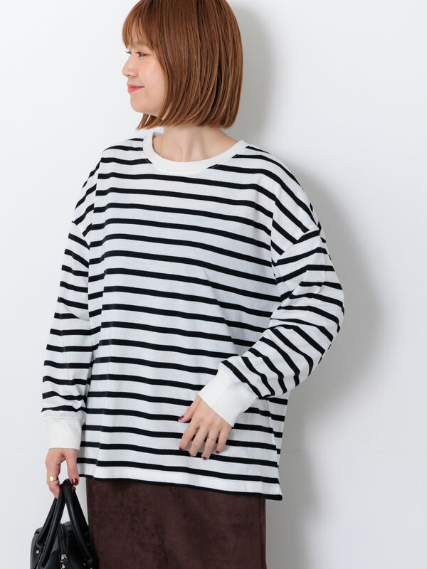 無地/ボーダー天竺長袖カットソー（オフホワイト/ホワイト