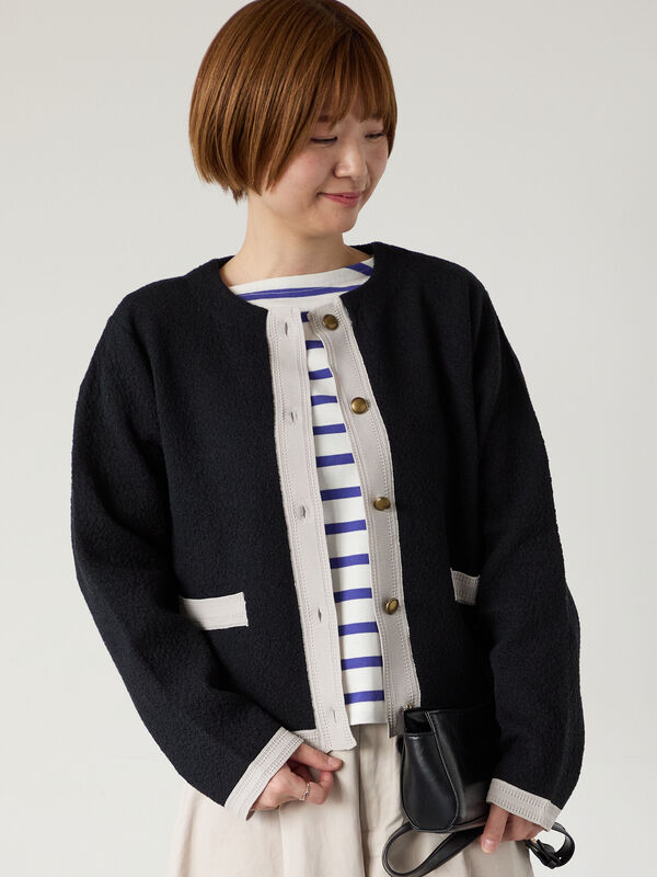 セール】 金釦配色ニットジャケット（オフホワイト/ブラック/ネイビー