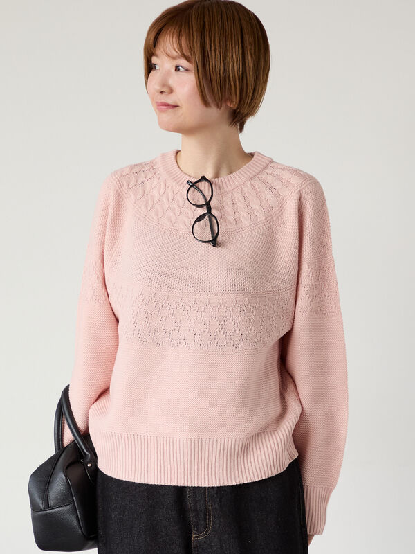 求心柄編みクルーネックニット（ピンク）｜Lugnoncure（ルノンキュール）通販