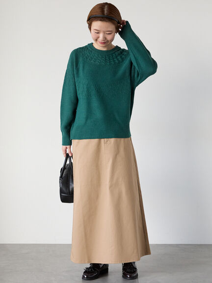 求心柄編みクルーネックニット（オフホワイト/チャコールグレー/ブラック/ピンク/グリーン）｜Lugnoncure（ルノンキュール）通販