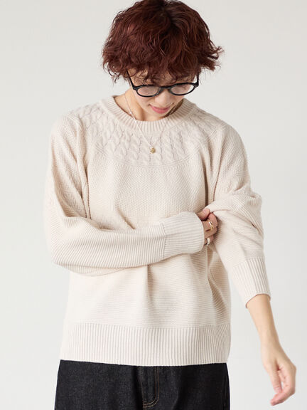 求心柄編みクルーネックニット（オフホワイト/チャコールグレー/ブラック/ピンク/グリーン）｜Lugnoncure（ルノンキュール）通販