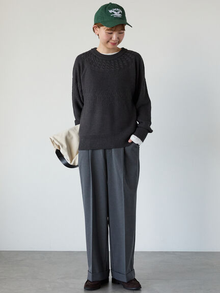 求心柄編みクルーネックニット（オフホワイト/チャコールグレー/ブラック/ピンク/グリーン）｜Lugnoncure（ルノンキュール）通販