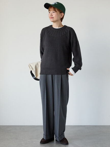 求心柄編みクルーネックニット（オフホワイト/チャコールグレー/ブラック/ピンク/グリーン）｜Lugnoncure（ルノンキュール）通販