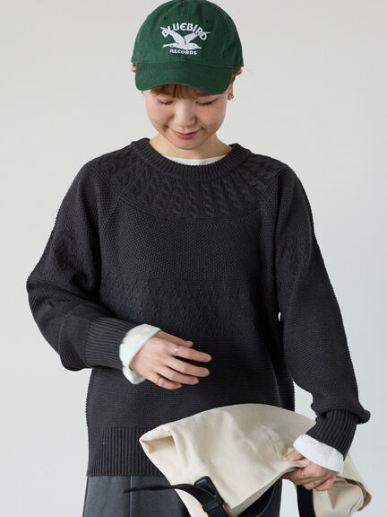 求心柄編みクルーネックニット（オフホワイト/チャコールグレー/ブラック/ピンク/グリーン）｜Lugnoncure（ルノンキュール）通販