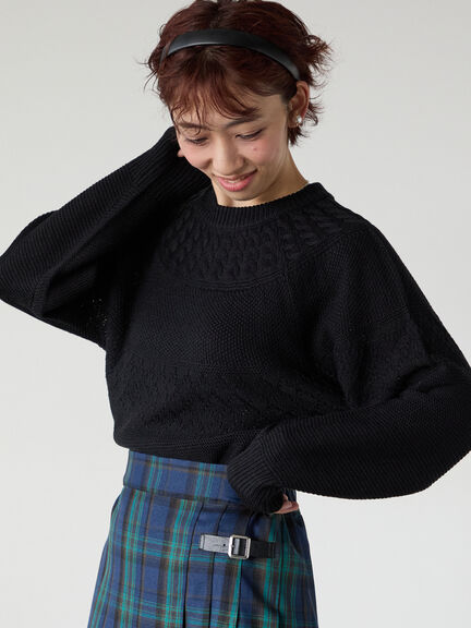 求心柄編みクルーネックニット（オフホワイト/チャコールグレー/ブラック/ピンク/グリーン）｜Lugnoncure（ルノンキュール）通販