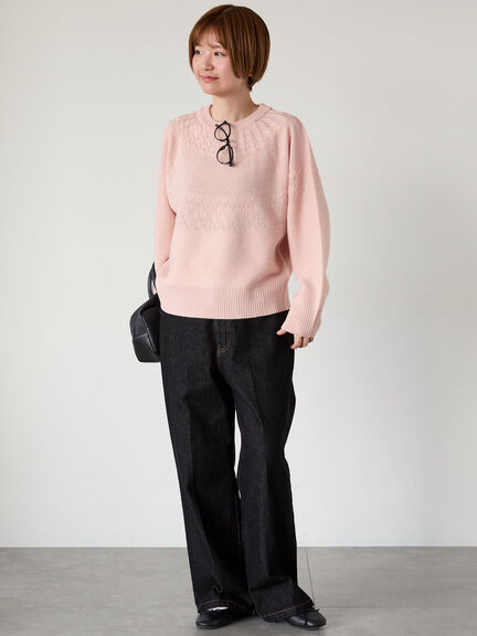 求心柄編みクルーネックニット（オフホワイト/チャコールグレー/ブラック/ピンク/グリーン）｜Lugnoncure（ルノンキュール）通販