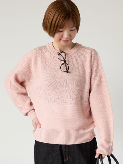 求心柄編みクルーネックニット（オフホワイト/チャコールグレー/ブラック/ピンク/グリーン）｜Lugnoncure（ルノンキュール）通販