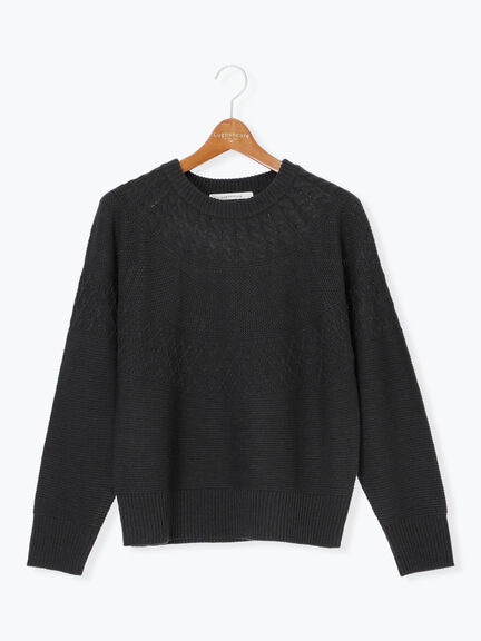 求心柄編みクルーネックニット（オフホワイト/チャコールグレー/ブラック/ピンク/グリーン）｜Lugnoncure（ルノンキュール）通販