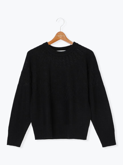 求心柄編みクルーネックニット（オフホワイト/チャコールグレー/ブラック/ピンク/グリーン）｜Lugnoncure（ルノンキュール）通販