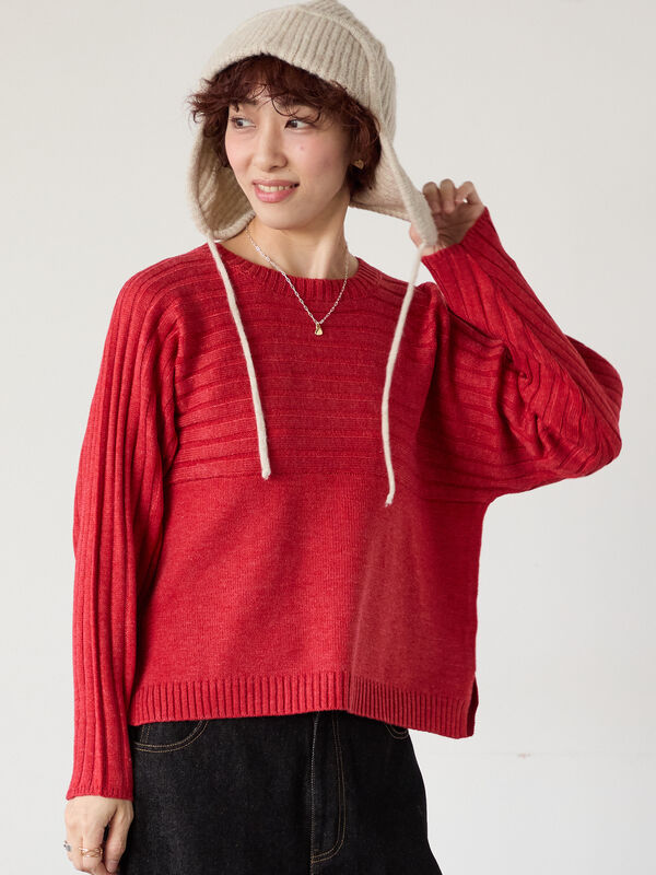 セール】 編地切替クルーネックニット（オフホワイト/チャコールグレー