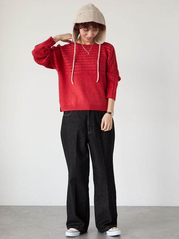 セール】 編地切替クルーネックニット（オフホワイト/チャコールグレー