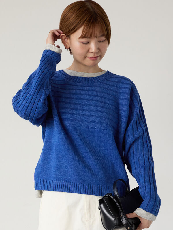 セール】 編地切替クルーネックニット（オフホワイト/チャコールグレー