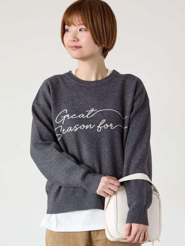 セール】 筆記体ロゴジャカードニット（オフホワイト/グレー