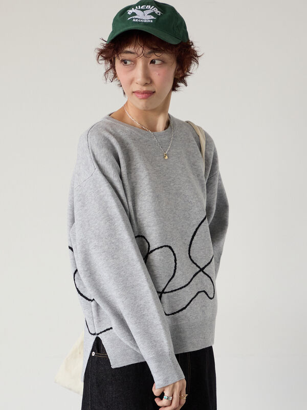 セール】 ライン入りジャカードワイドニット（オフホワイト/グレー