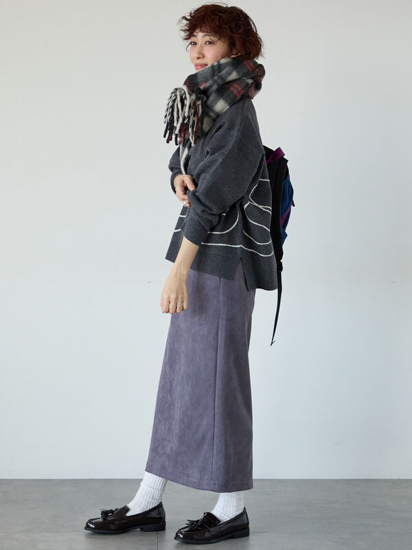 セール】 ライン入りジャカードワイドニット（オフホワイト/グレー