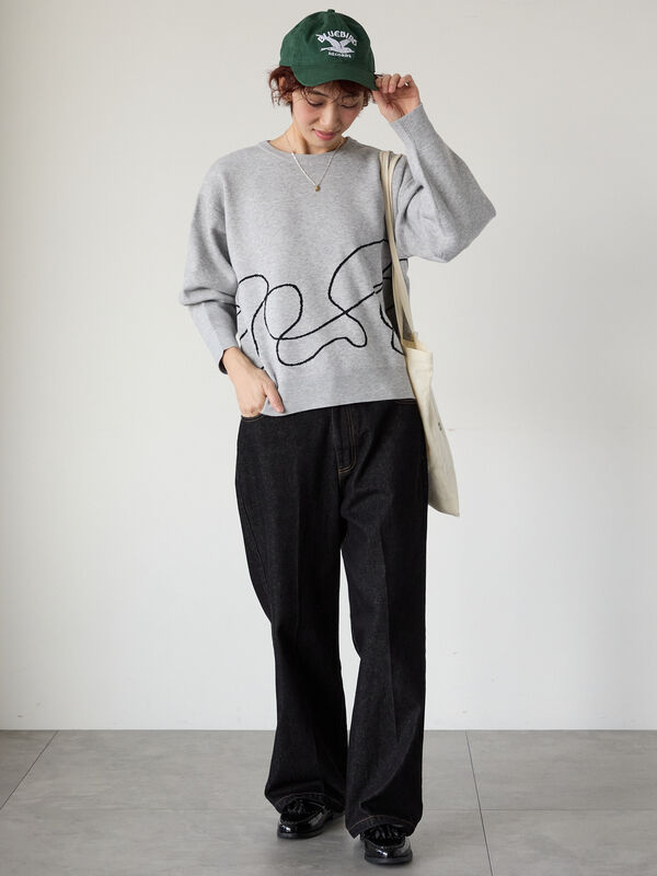 セール】 ライン入りジャカードワイドニット（オフホワイト/グレー