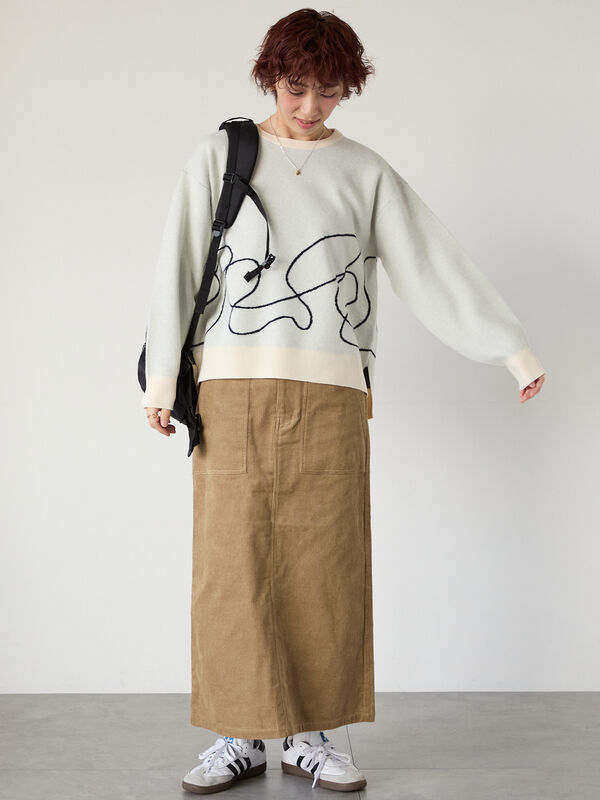 セール】 ライン入りジャカードワイドニット（オフホワイト/グレー