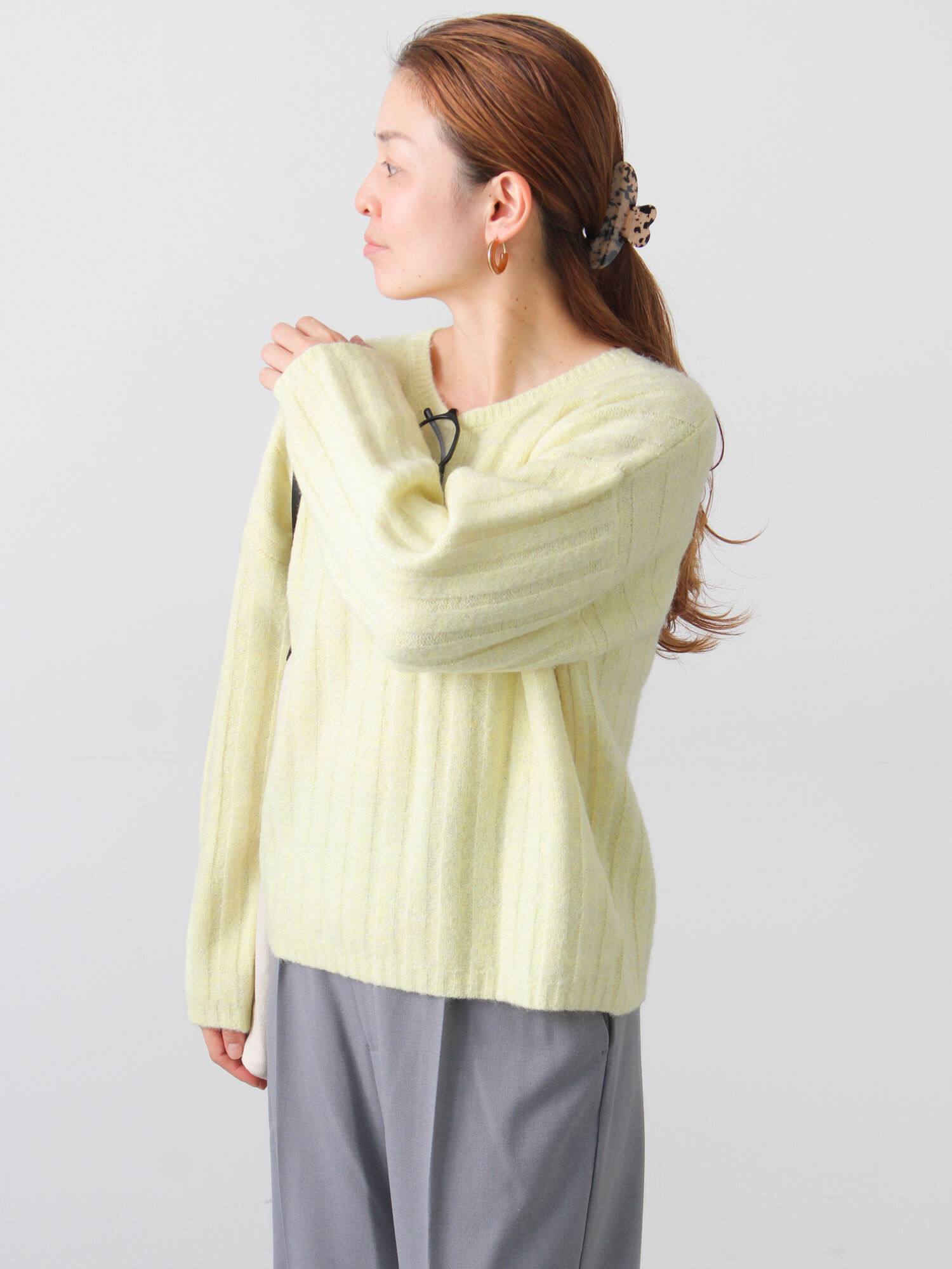 ガブちゃん ラメ混ワイドリブニット（グレー/ベージュ/イエロー/サックスブルー