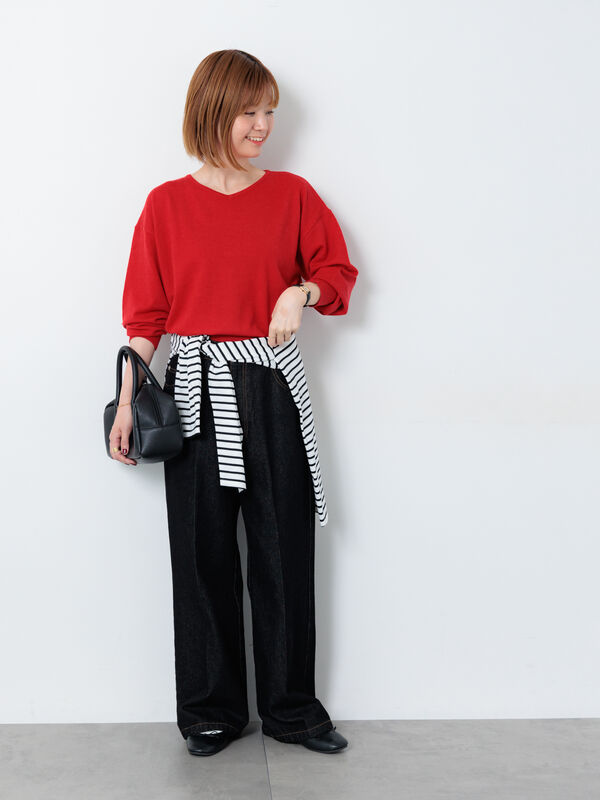 セール】 もちもちVネックニット（ブラック/レッド/ベージュ/ブルー