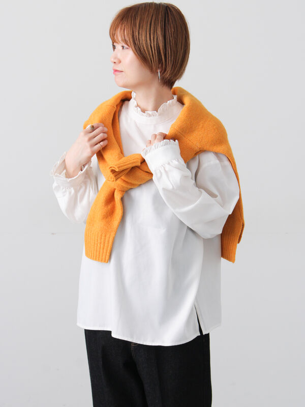 セール】 アソートスタンドフリルブラウス（オフホワイト/ブラック