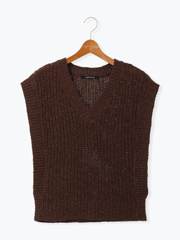 スラブヤーンVネックニットベスト（ブラック/ブラウン/キナリ