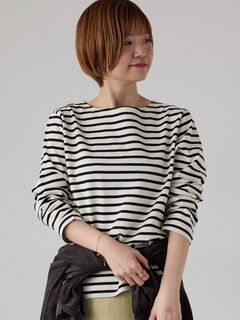 無地/ボーダー長袖カットソー（オフホワイト/チャコールグレー