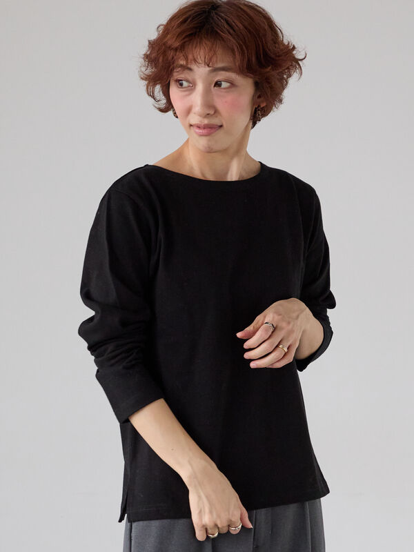 無地/ボーダー長袖カットソー（オフホワイト/チャコールグレー