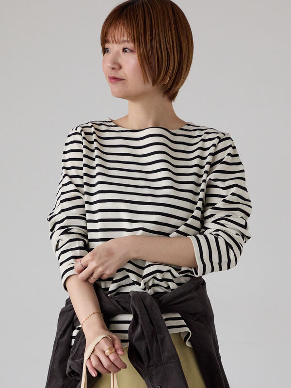 無地/ボーダー長袖カットソー（オフホワイト/チャコールグレー
