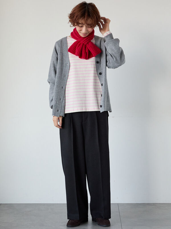 無地/ボーダー長袖カットソー（オフホワイト/チャコールグレー