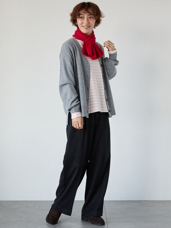 無地/ボーダー長袖カットソー（オフホワイト/チャコールグレー