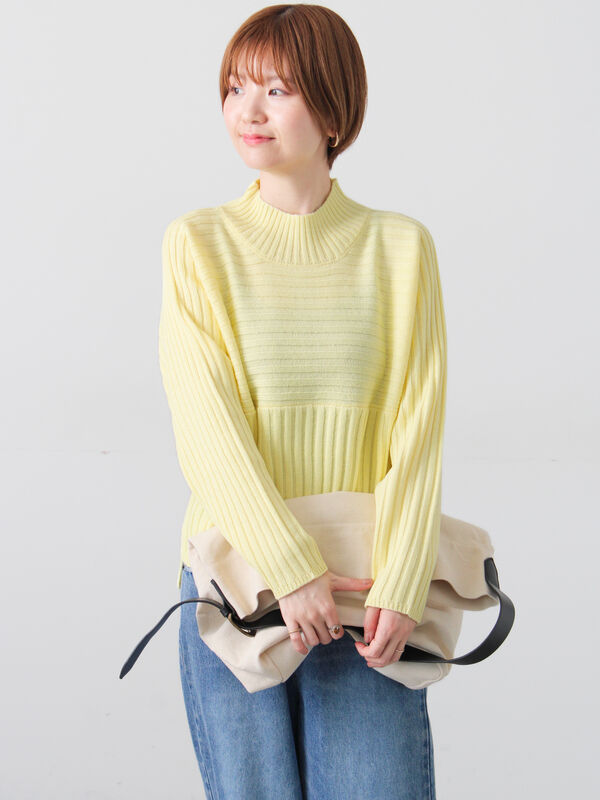 セール】 リブ切替ボトルネックニット（グレー/ブラック/イエロー