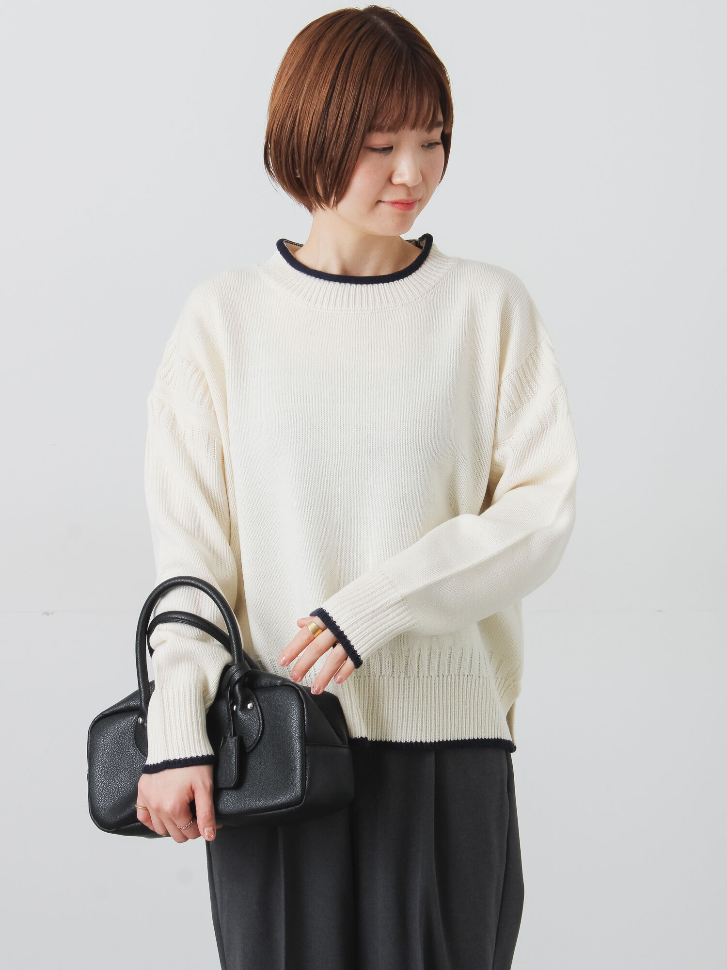 配色ガンジー風ニット（オフホワイト/グレー/ブラック/トップス/ニット