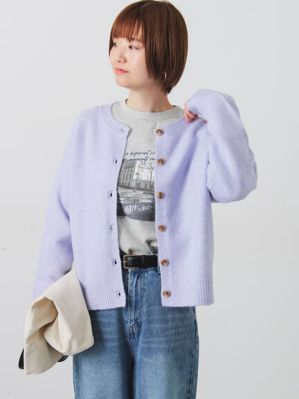 45R★ふわふわウールのお花カーディガン★パープル 45R☆ふわふわウールのお花カーディガン☆パープル
