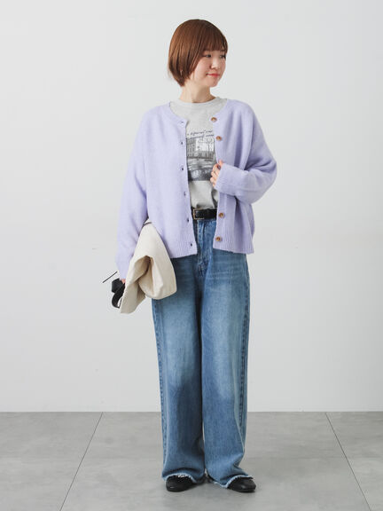 ウール混ふわふわクルーネックカーディガン（チャコールグレー/ピンク/ベージュ/ミント/パープル）｜Lugnoncure（ルノンキュール）通販