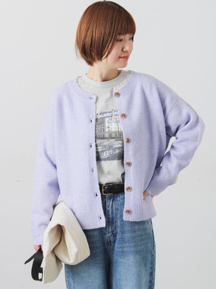 ウール混ふわふわクルーネックカーディガン（チャコールグレー/ピンク/ベージュ/ミント/パープル）｜Lugnoncure（ルノンキュール）通販