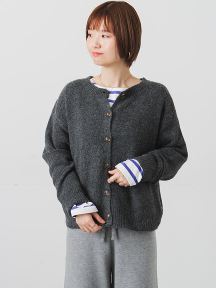 ウール混ふわふわクルーネックカーディガン（チャコールグレー/ピンク/ベージュ/ミント/パープル）｜Lugnoncure（ルノンキュール）通販