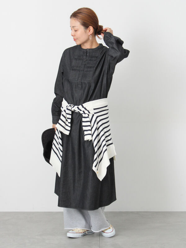 ピンタックデニムワンピース（ブラック/ネイビー/ワンピース