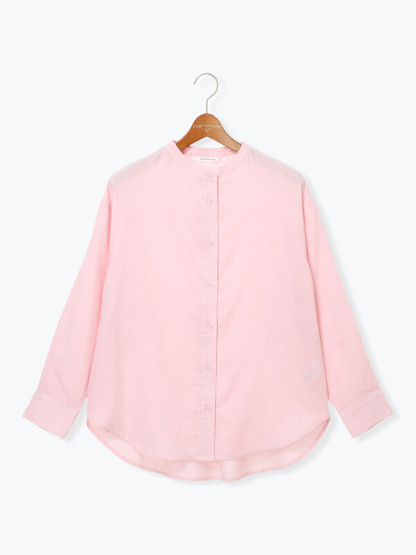 刺繍入りバンドカラーシャツ（オフホワイト/ピンク/サックスブルー