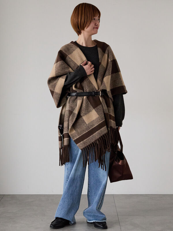 セール】 ブロックチェックポンチョ（ブラック/ブラウン/アクセサリー