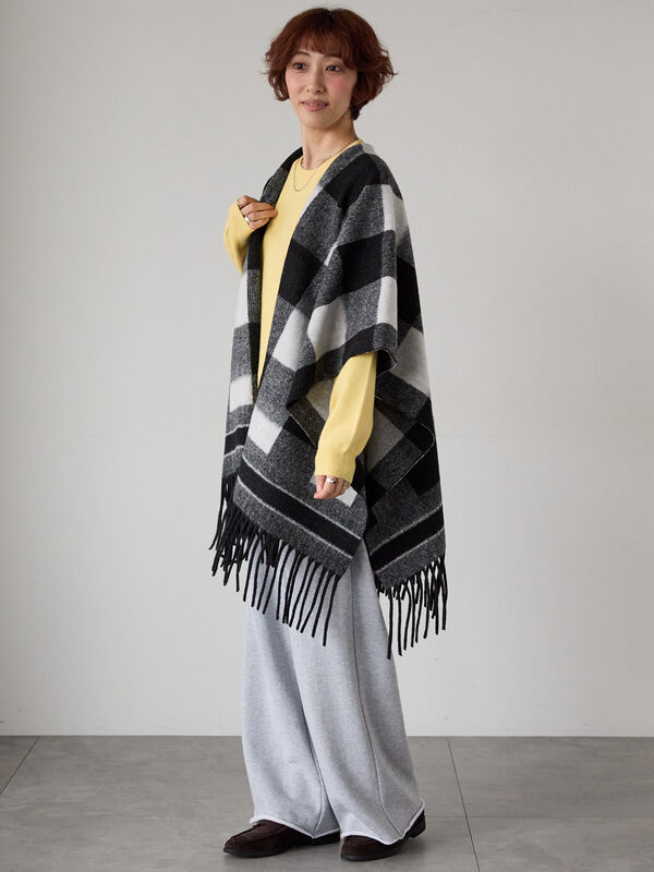 セール】 ブロックチェックポンチョ（ブラック/ブラウン/アクセサリー