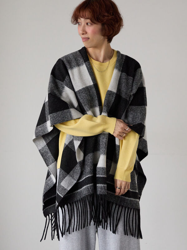 セール】 ブロックチェックポンチョ（ブラック/ブラウン/アクセサリー