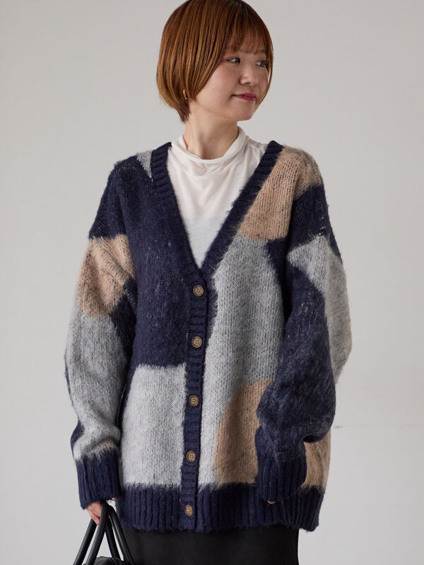 セール】 起毛ジャカードパッチワーク風Vネックカーディガン（グリーン