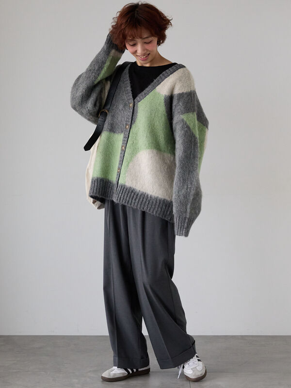 セール】 起毛ジャカードパッチワーク風Vネックカーディガン（グリーン