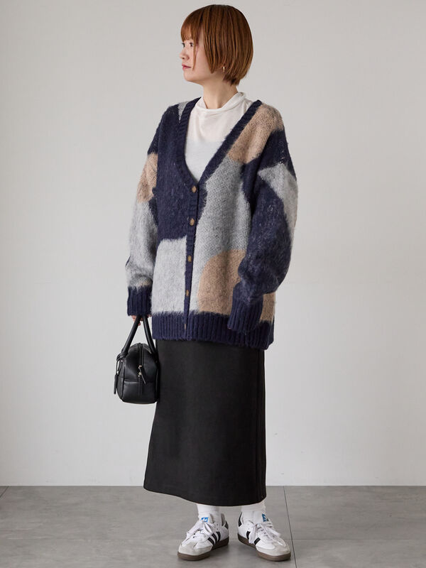 セール】 起毛ジャカードパッチワーク風Vネックカーディガン（グリーン